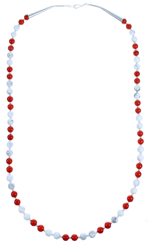 Howlite And Coral Sterling Silver Southwestern Bead Necklace RX114270